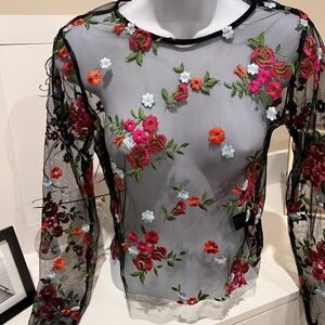 Floral Embroidered Sheer Top Size S